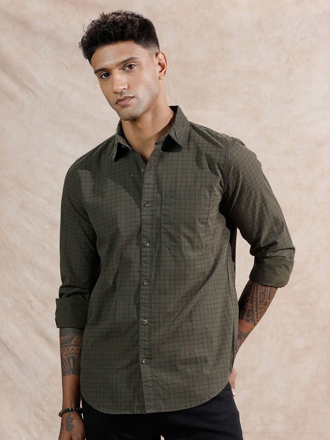 WROGN Checked Spread Collar Comfort Slim Fit Cotton Shirt