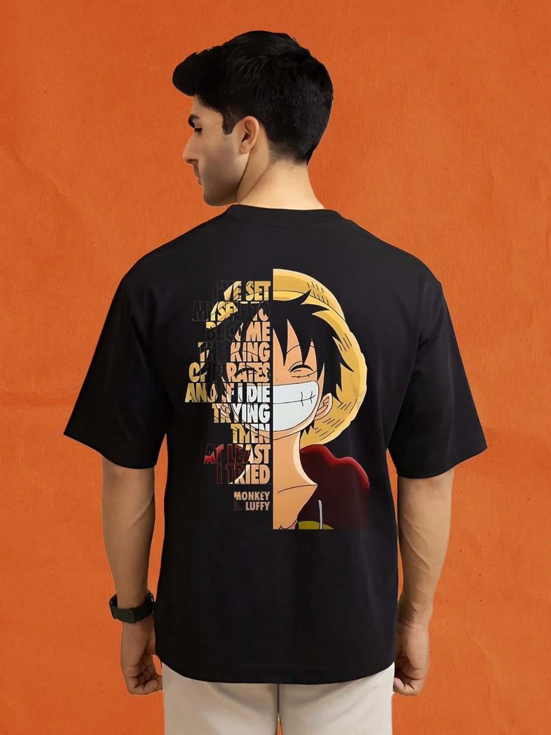 BDSQUARE Men Monkey D Luffy Typography Printed Round Neck Cotton Oversized T-shirt