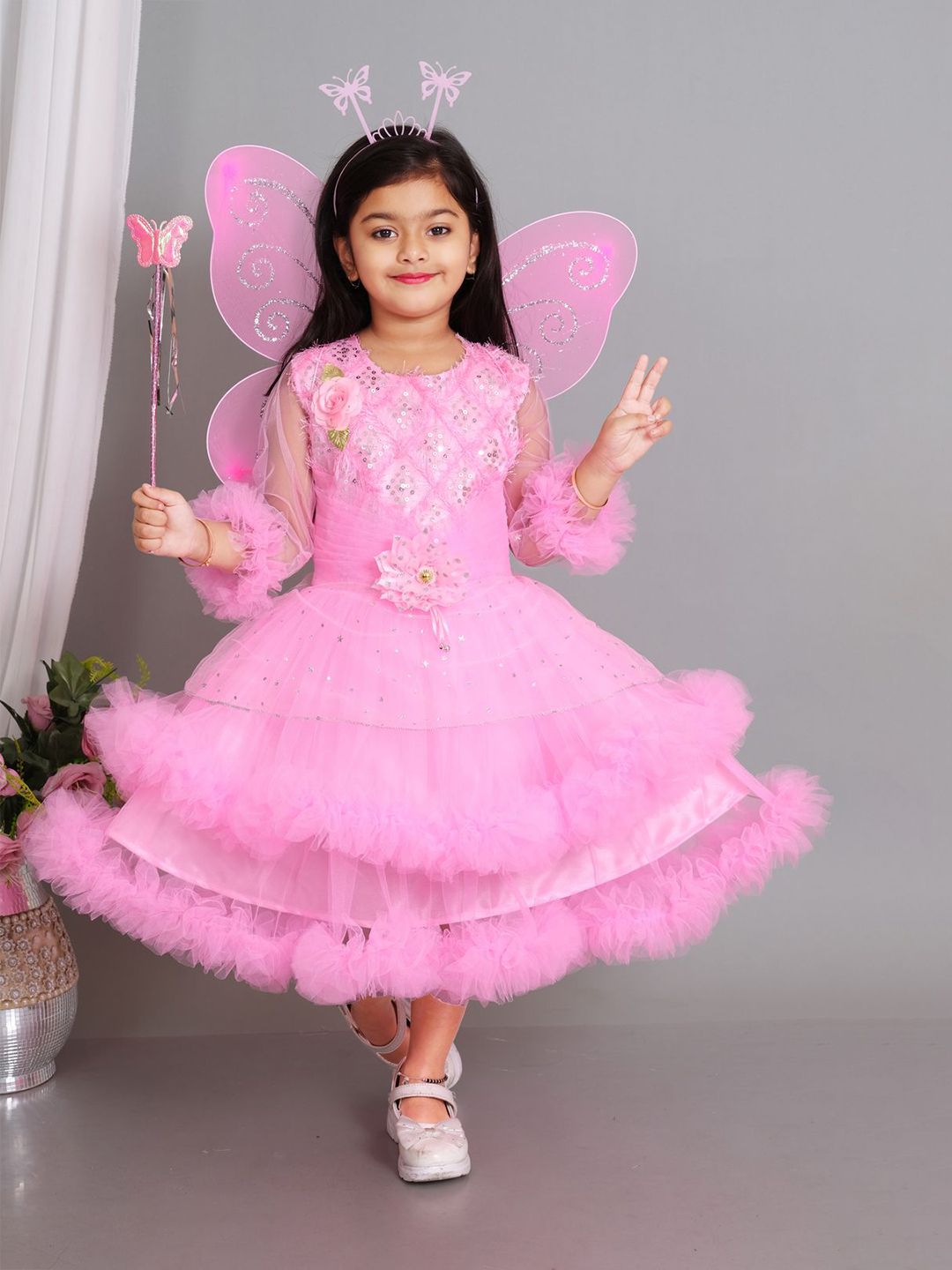 PN Fashion Girls Cape Sleeve Net Fit & Flare Dress
