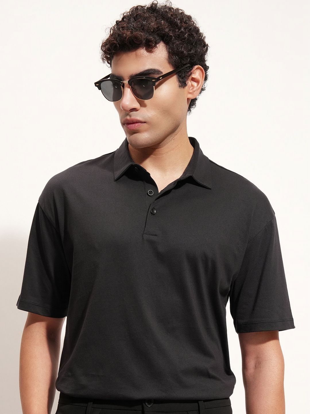 HIGHLANDER Polo Collar Drop-Shoulder Sleeves Relaxed Fit Cotton T-shirt