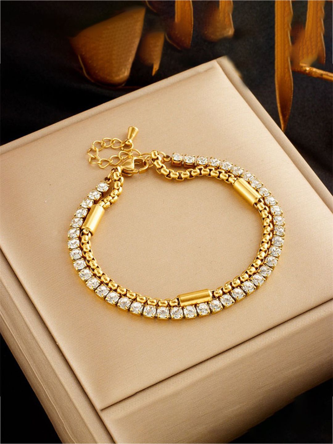 GOLDIWALA Stainless Steel Gold-Plated Artificial Stones Studded Wraparound Bracelet