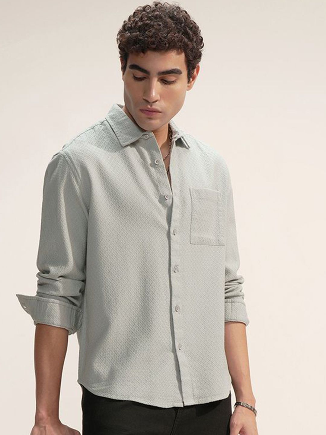 HIGHLANDER Textured Cutaway Collar Relaxed Fit Dobby Cotton Shirt