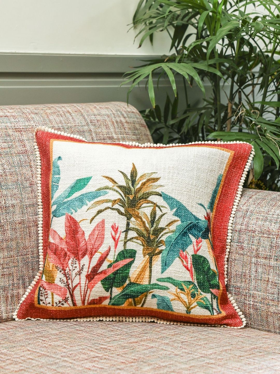 Crown of Poppies Crown of Poppies White & Blue Palm Stories Printed Cotton Square Cushion Cover