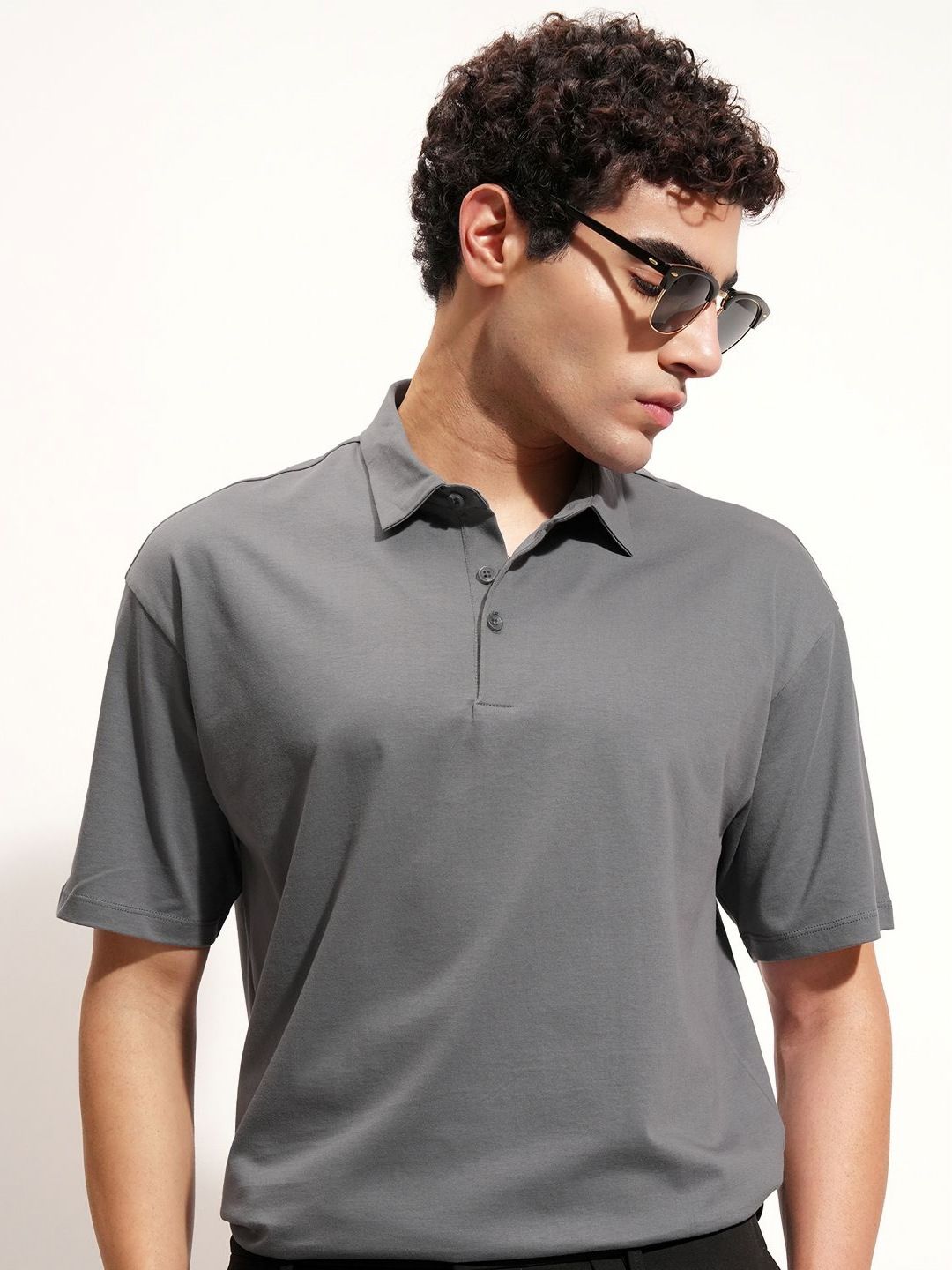HIGHLANDER Polo Collar Drop-Shoulder Sleeves Cotton Relaxed Fit T-shirt