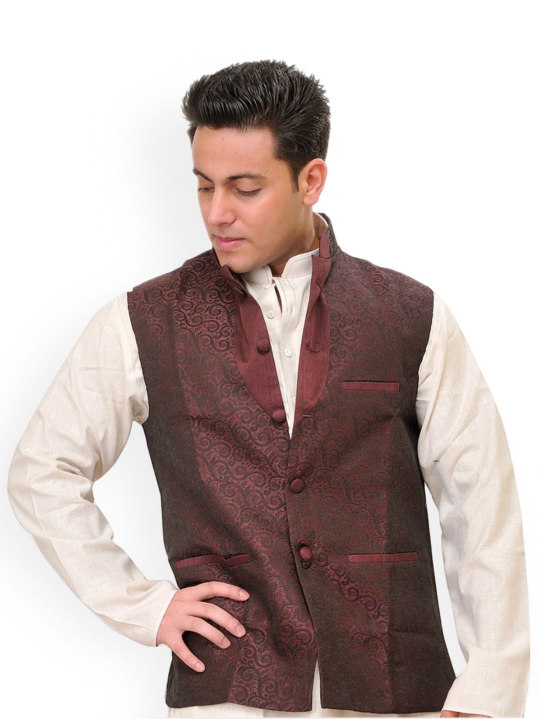 Exotic India Floral Woven Design Banarasi Nehru Jacket