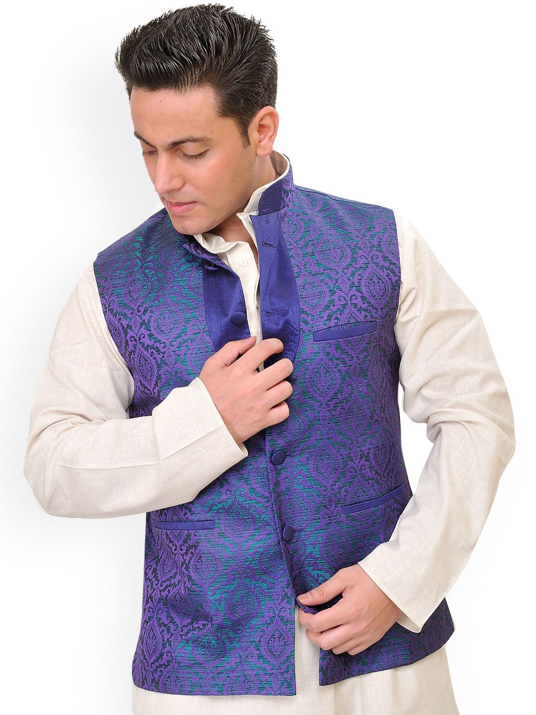 Exotic India Men Floral Woven Design Banarasi Nehru Jacket