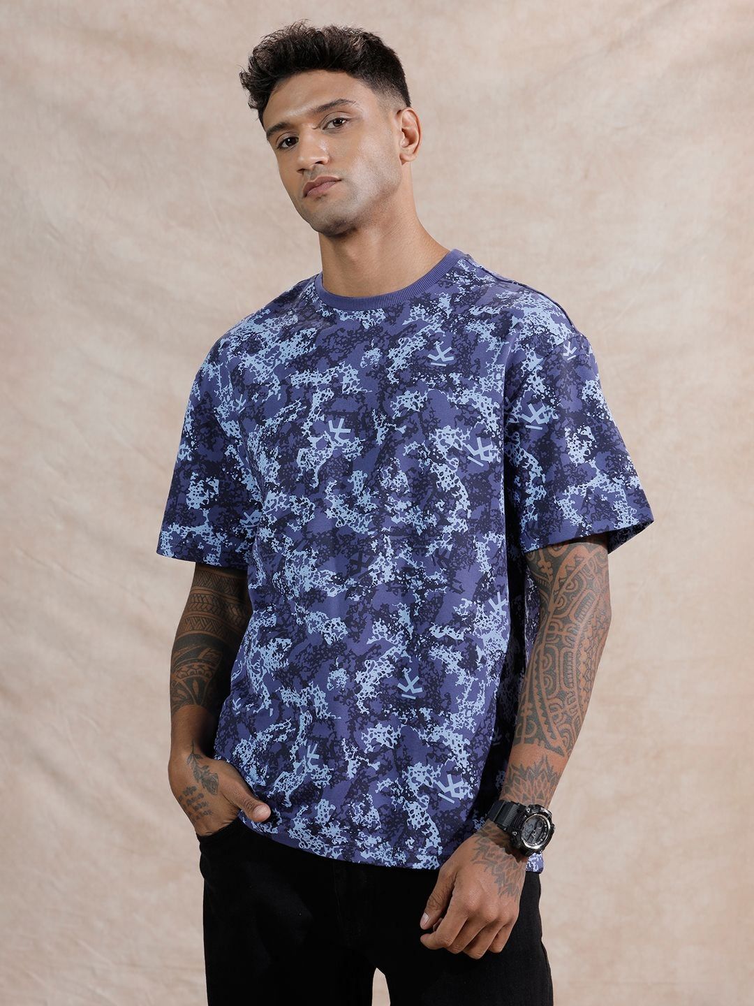 WROGN Men Abstract Printed Round Neck Cotton Relaxed Fit T-shirt