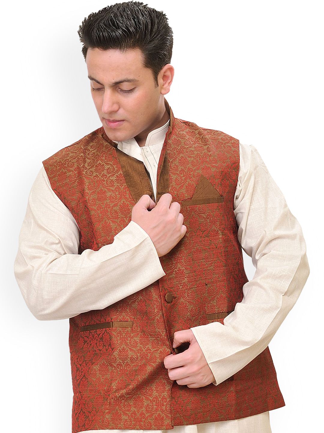 Exotic India Floral Woven Design Cotton Linen Nehru Jacket