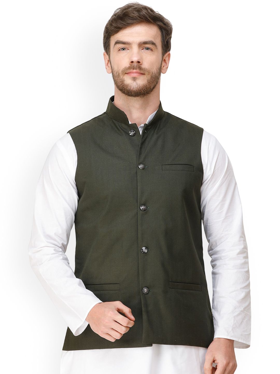 Exotic India Waistcoat with Woven Diagonal Stripes Nehru Jacket With Front Pockets
