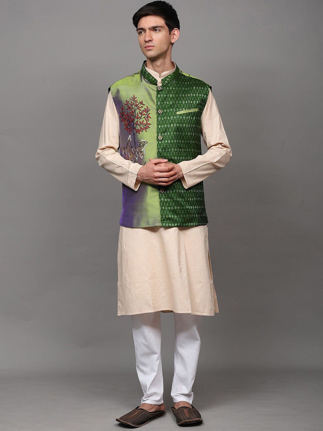 Exotic India Men Radha Krishna Printed Pure Silk Nehru Jacket