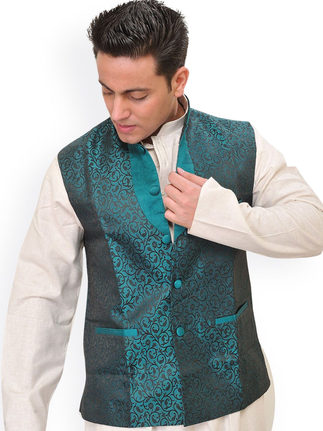 Exotic India Floral Woven Design Banarasi Nehru Jacket