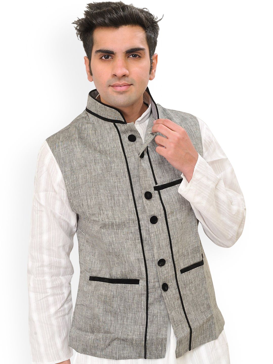 Exotic India Men Woven Nehru Jacket with Velvet Lapel