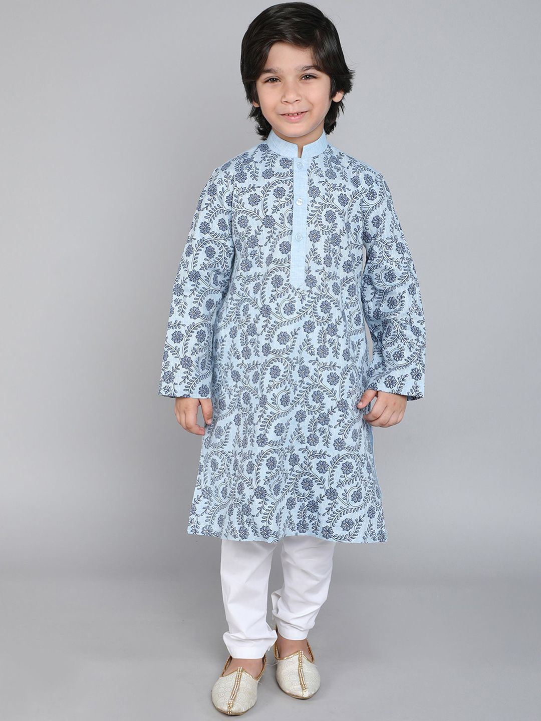 Little Clothings Boys Floral Printed Mandarin Collar Linen Kurta With Churidar