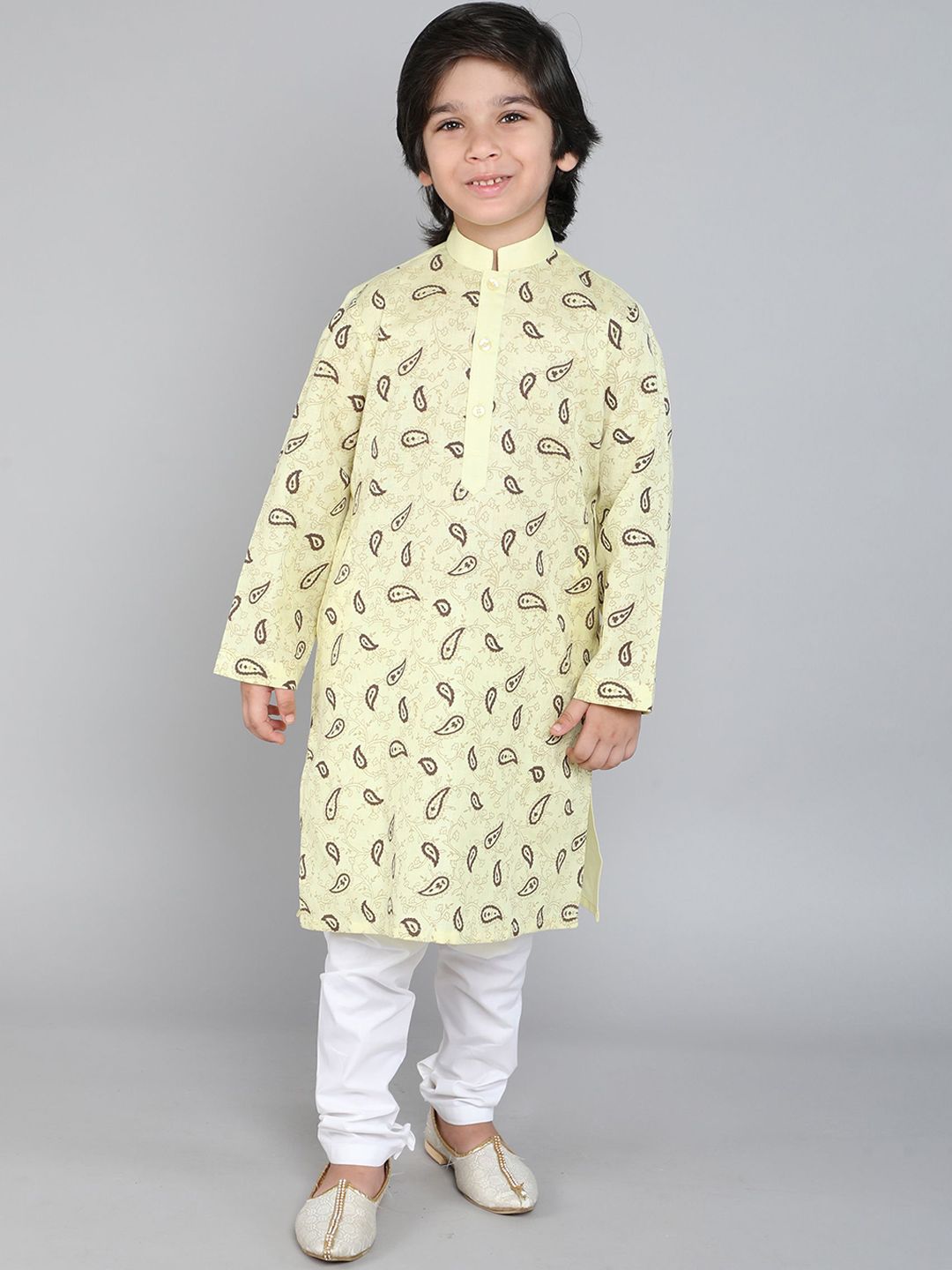 Little Clothings Yellow Boys Floral hand Block Print kurta Paired Contrasting Churidaar