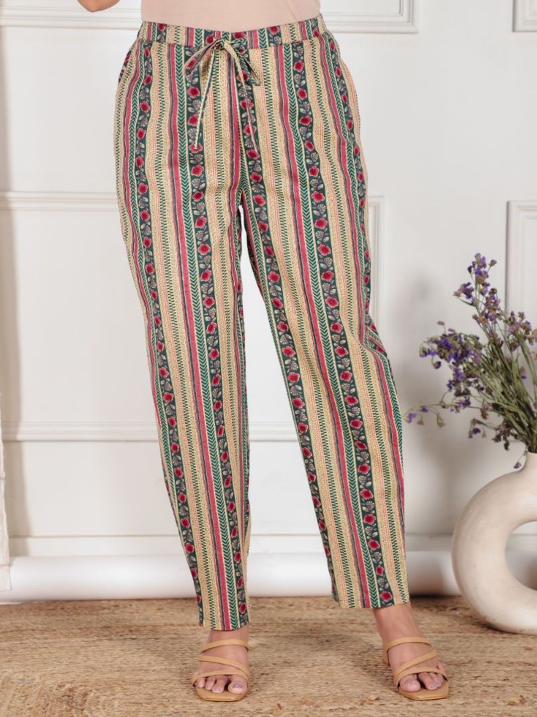 Aramya Striped Straight-Fit Soft Cotton Mid-Rise Trousers