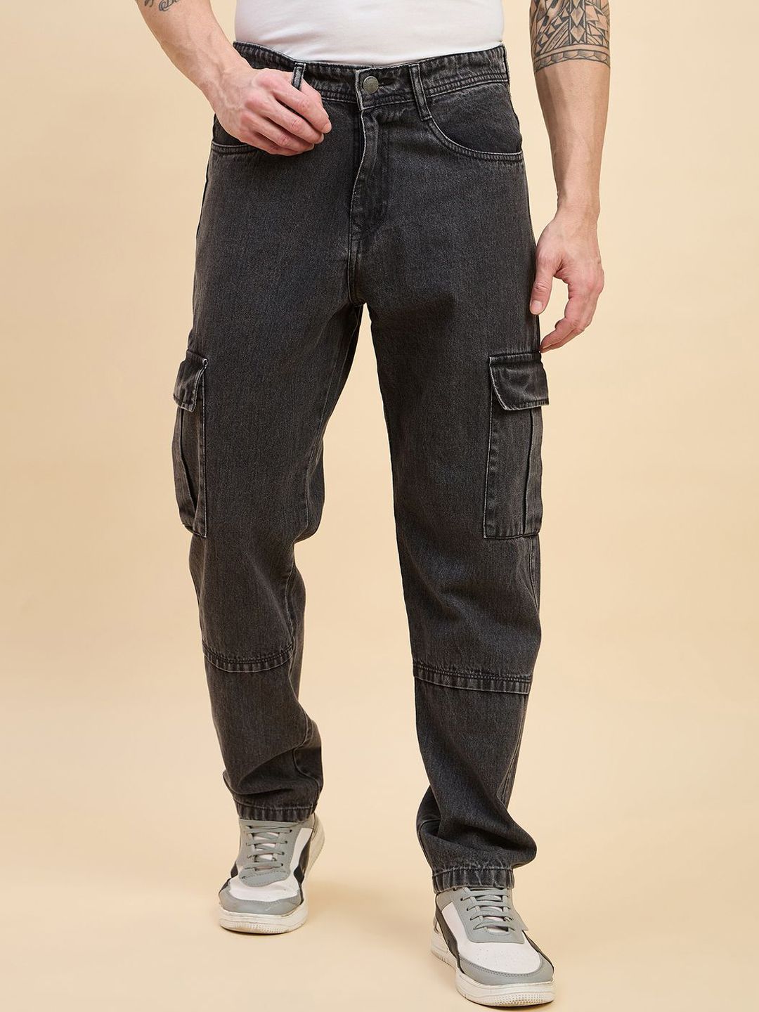 STUDIO NEXX Men Straight Fit Mid-Rise Light Fade Cargo Styles Cotton Non Stretchable Jeans