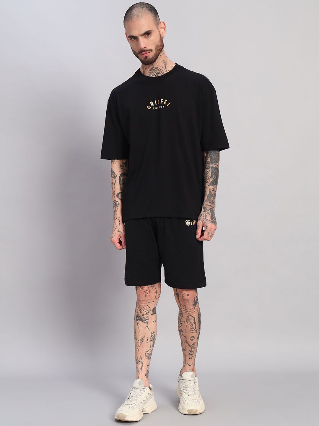GRIFFEL GRIFFEL Self-Design Oversized-Fit Pure Cotton T-Shirt & Shorts Co-Ord Set