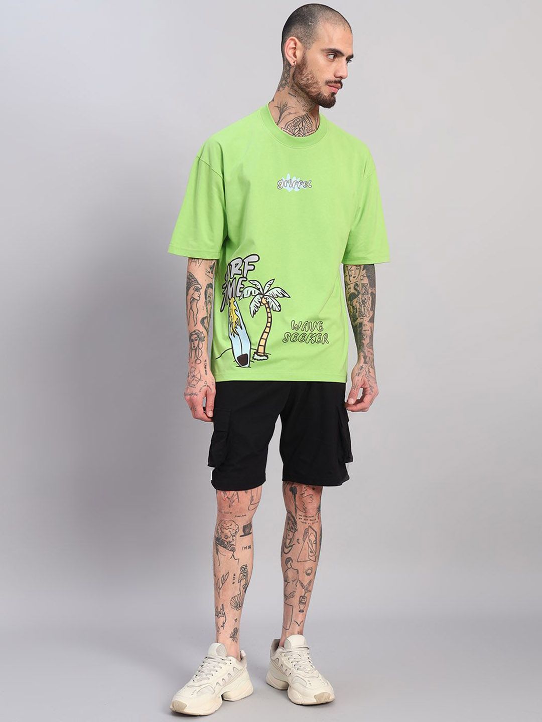 GRIFFEL GRIFFEL Self-Design Oversized-Fit Pure Cotton T-Shirt & Shorts Co-Ord Set