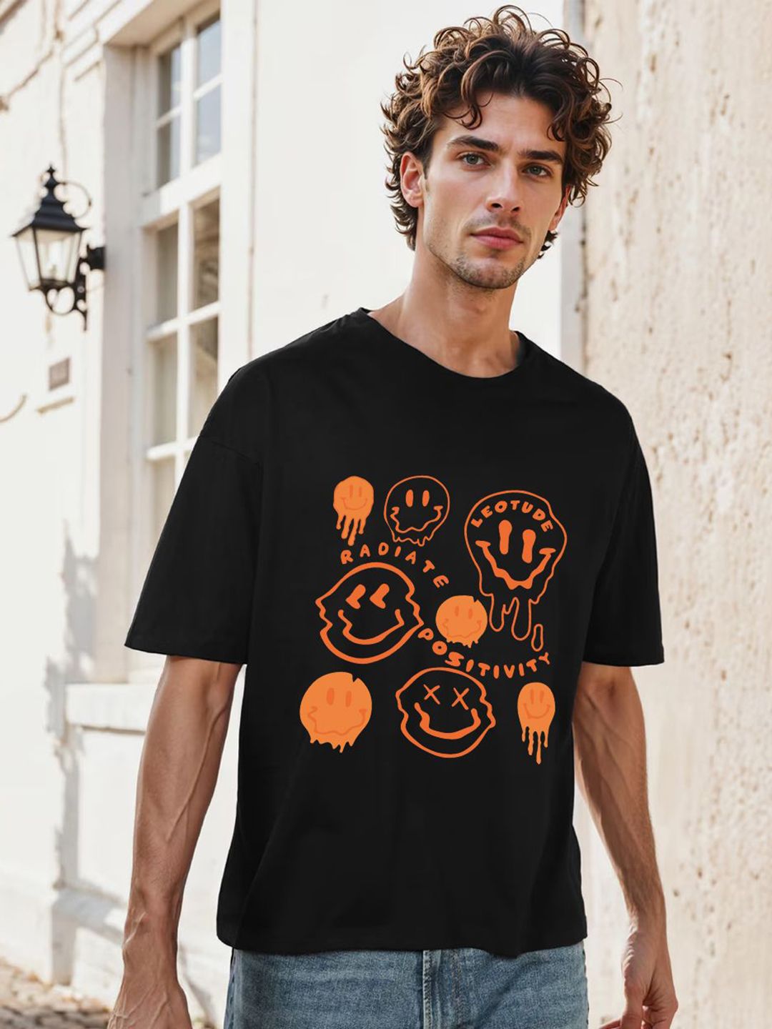 Leotude Graphic Printed Round Neck Drop-Shoulder Sleeves Oversized T-shirt