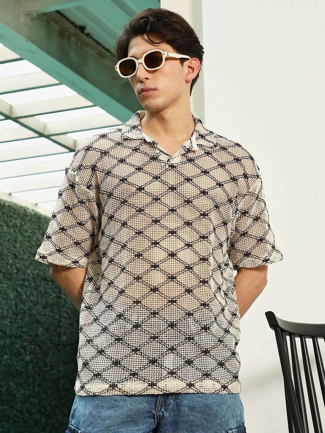 CAHOOT Geometric Self Design Polo Collar Cotton T-shirt