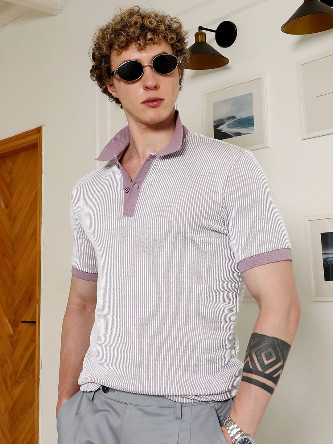 CAHOOT Striped Polo Collar Regular Fit T-shirt