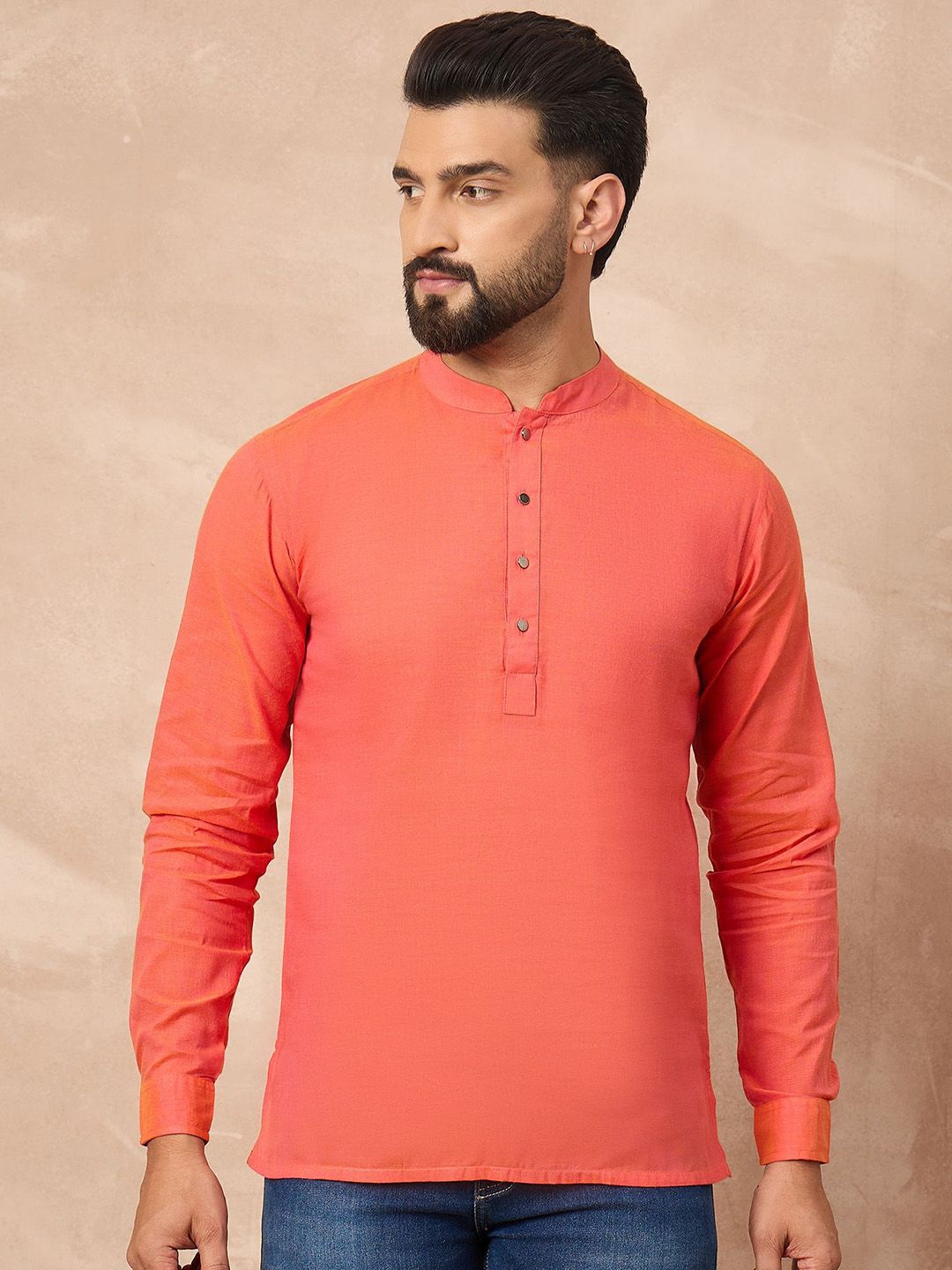 House of Pataudi Men Mandarin Collar Pure Cotton Shorts Kurtas