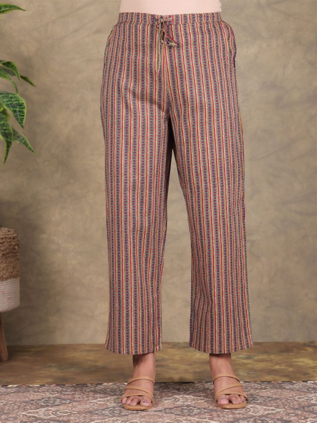 Aramya Striped Straight-Fit Soft Cotton Mid-Rise Trousers