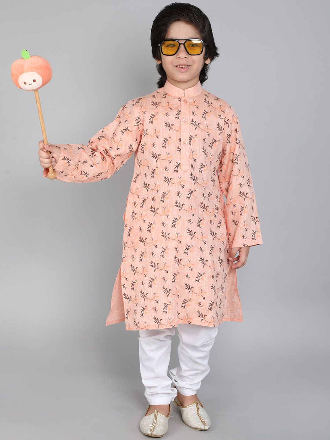 Boys Floral Printed Linen Kurta with Churidar