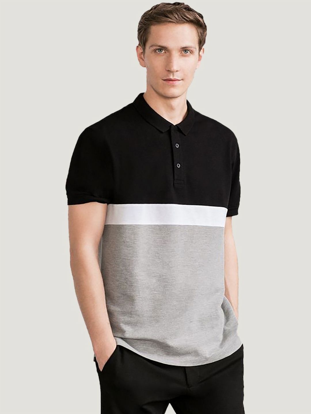 Leotude Colourblocked Polo Collar Cotton T-shirt