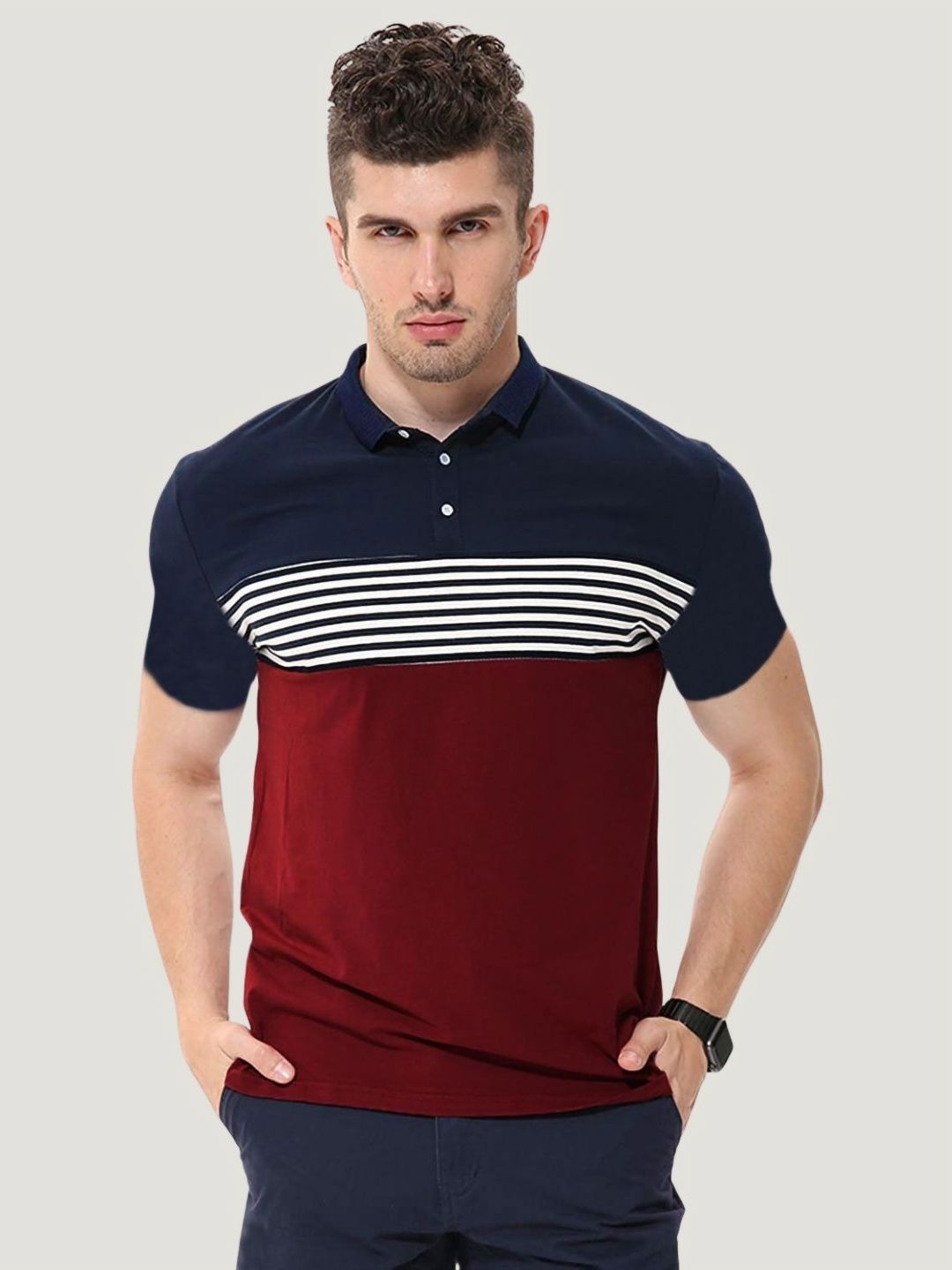 Leotude Colourblocked Polo Collar Regular Fit T-shirt