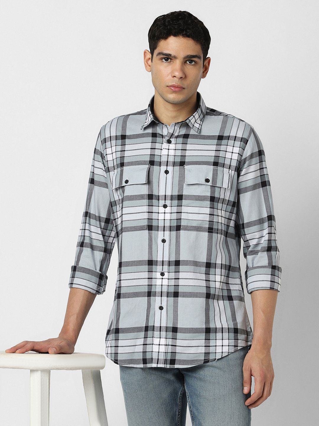 VAN HEUSEN DENIM LABS Tartan Checked Spread Collar Slim Fit Cotton Shirt