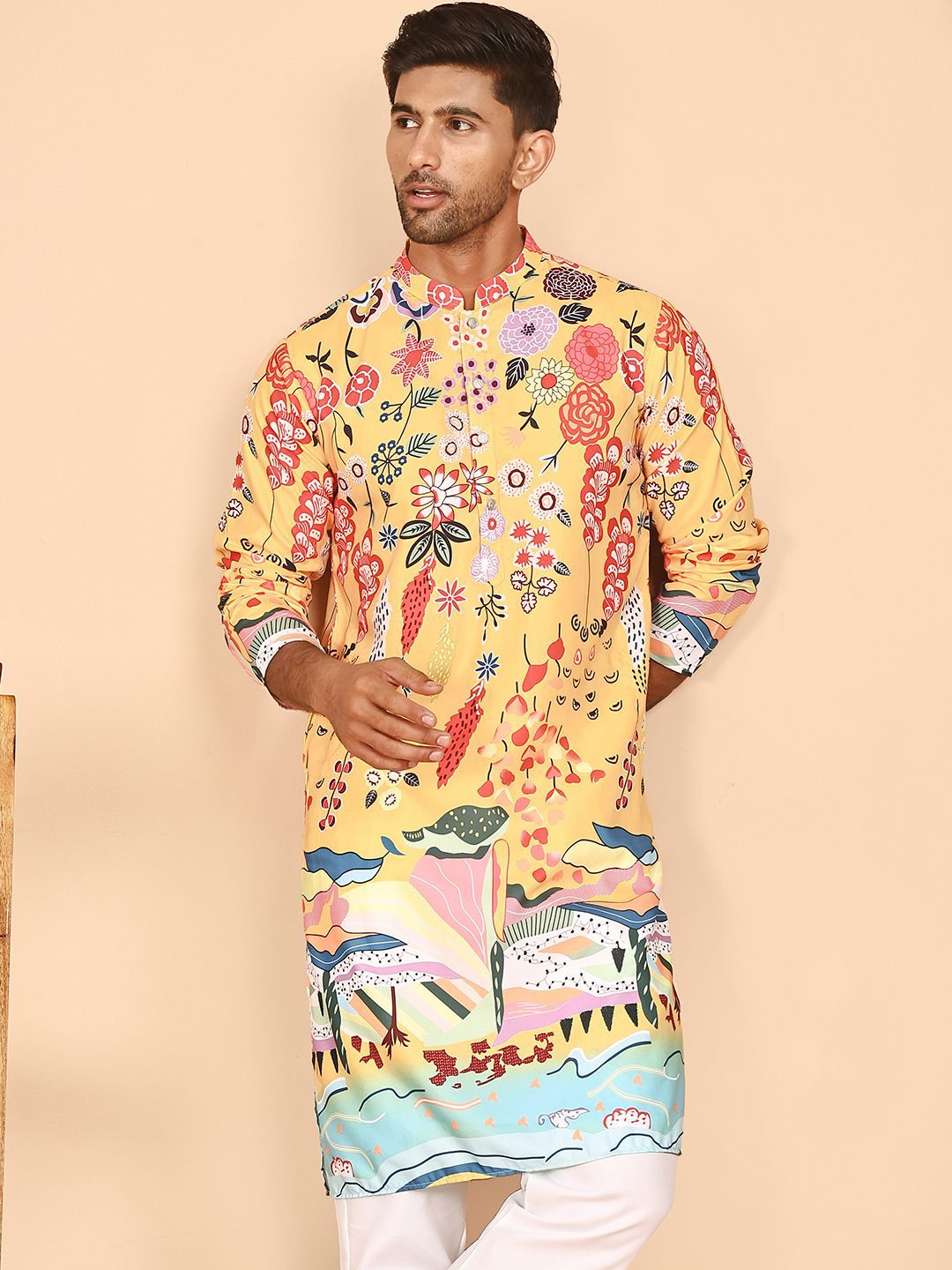Jompers Floral Printed Mandarin Collar Cotton Straight Kurta