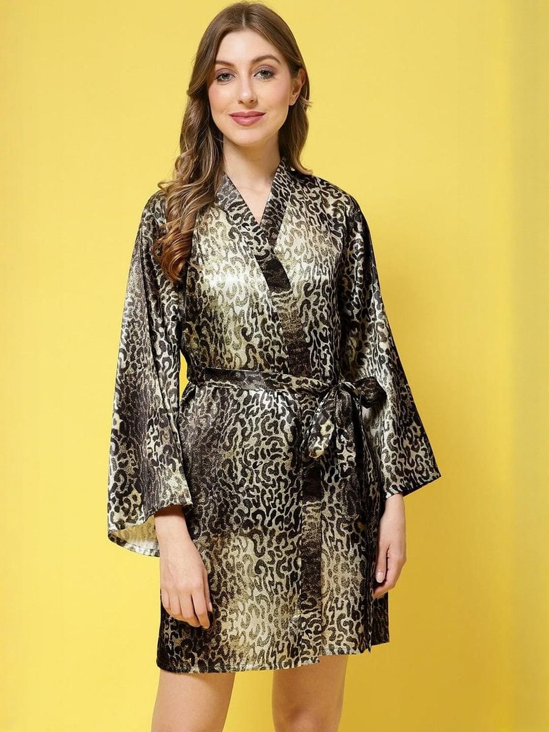 For You For Me Women Animal Print Satin Short Robe With Waist Belt