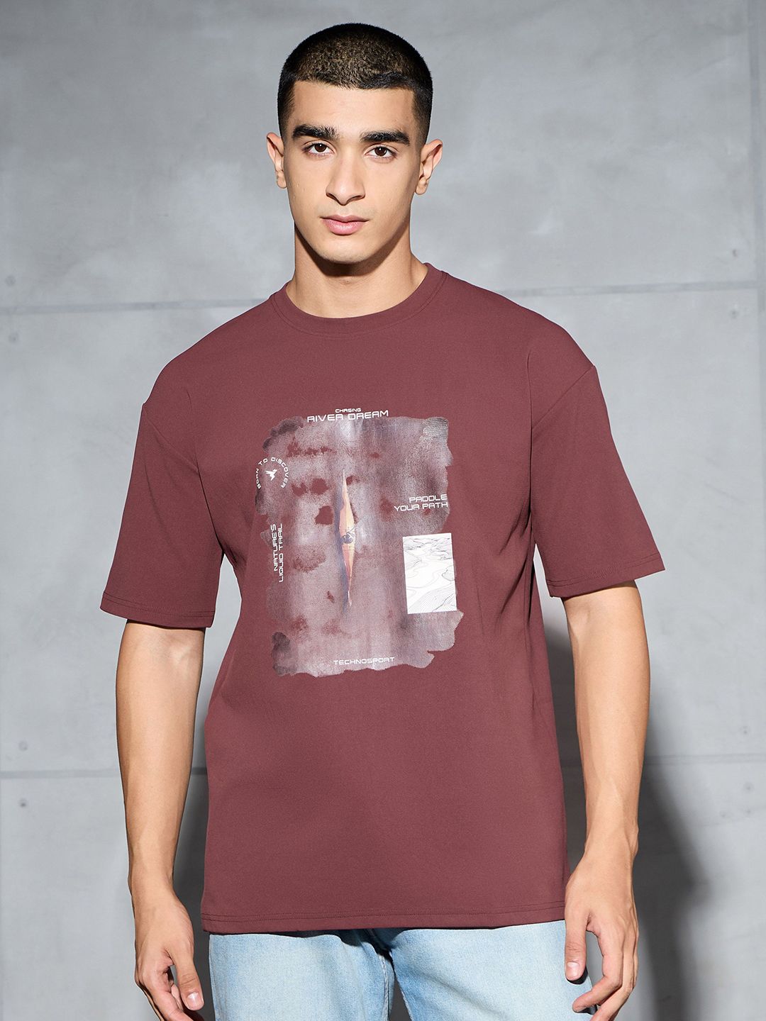 Technosport Men Printed Oversized Round Neck Sports T-shirt with ELASTO PLUS