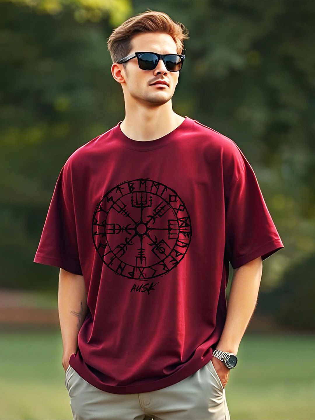 AUSK Graphic Printed Round Neck Drop Shoulder Sleeves Oversized Longline T-shirt