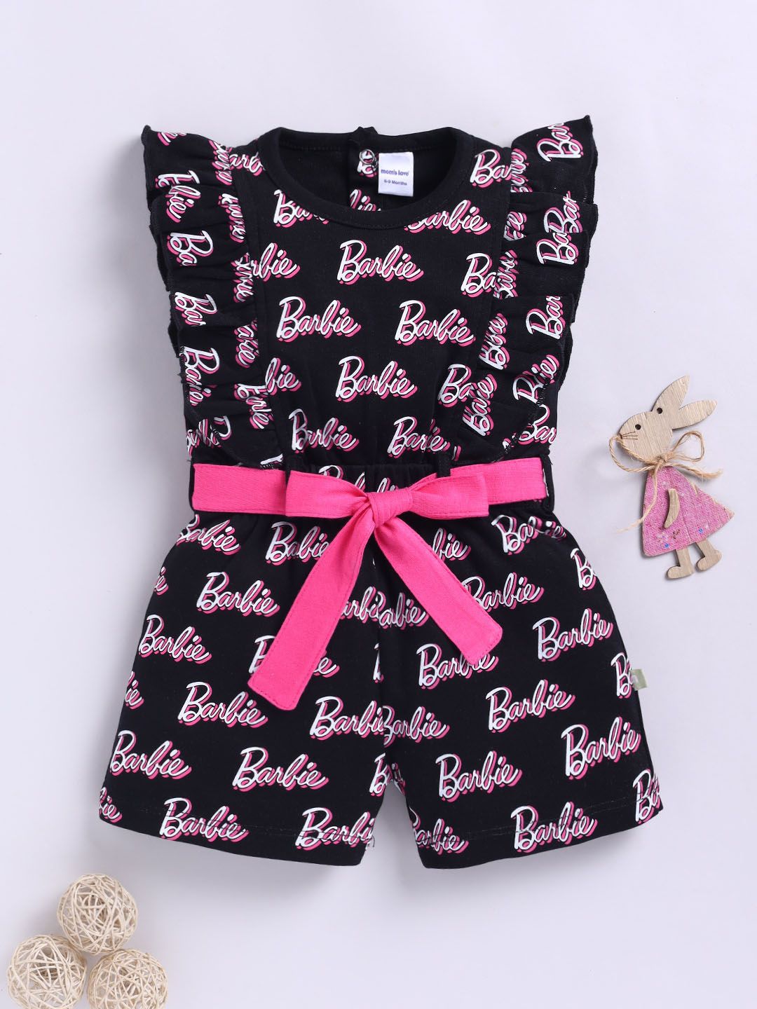Moms Love Infant Girls Barbie Printed Pure Cotton Ruffled Basic Jumpsuit