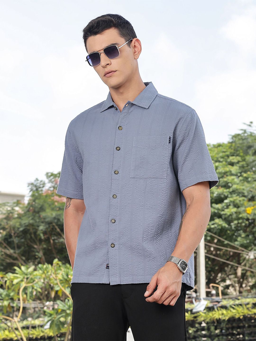 Thomas Scott Men's Premium Seersucker Cotton Casual Slim Fit Shirt