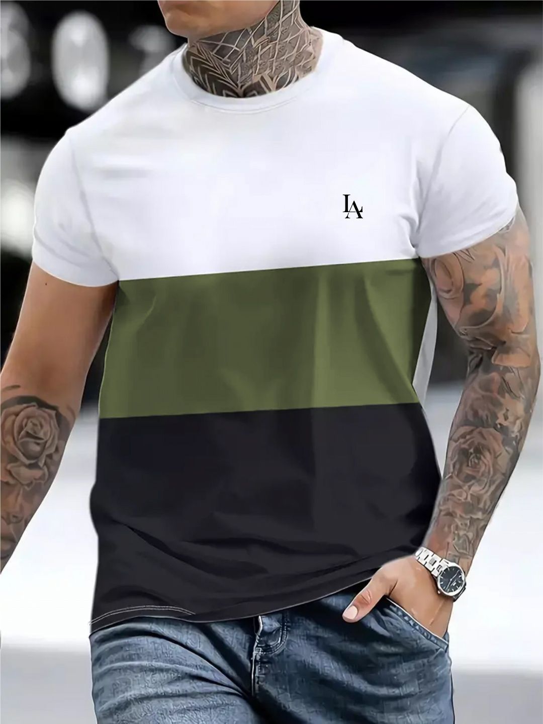 LAUREN ADAMS Colourblocked Round Neck Pure Cotton T-shirt