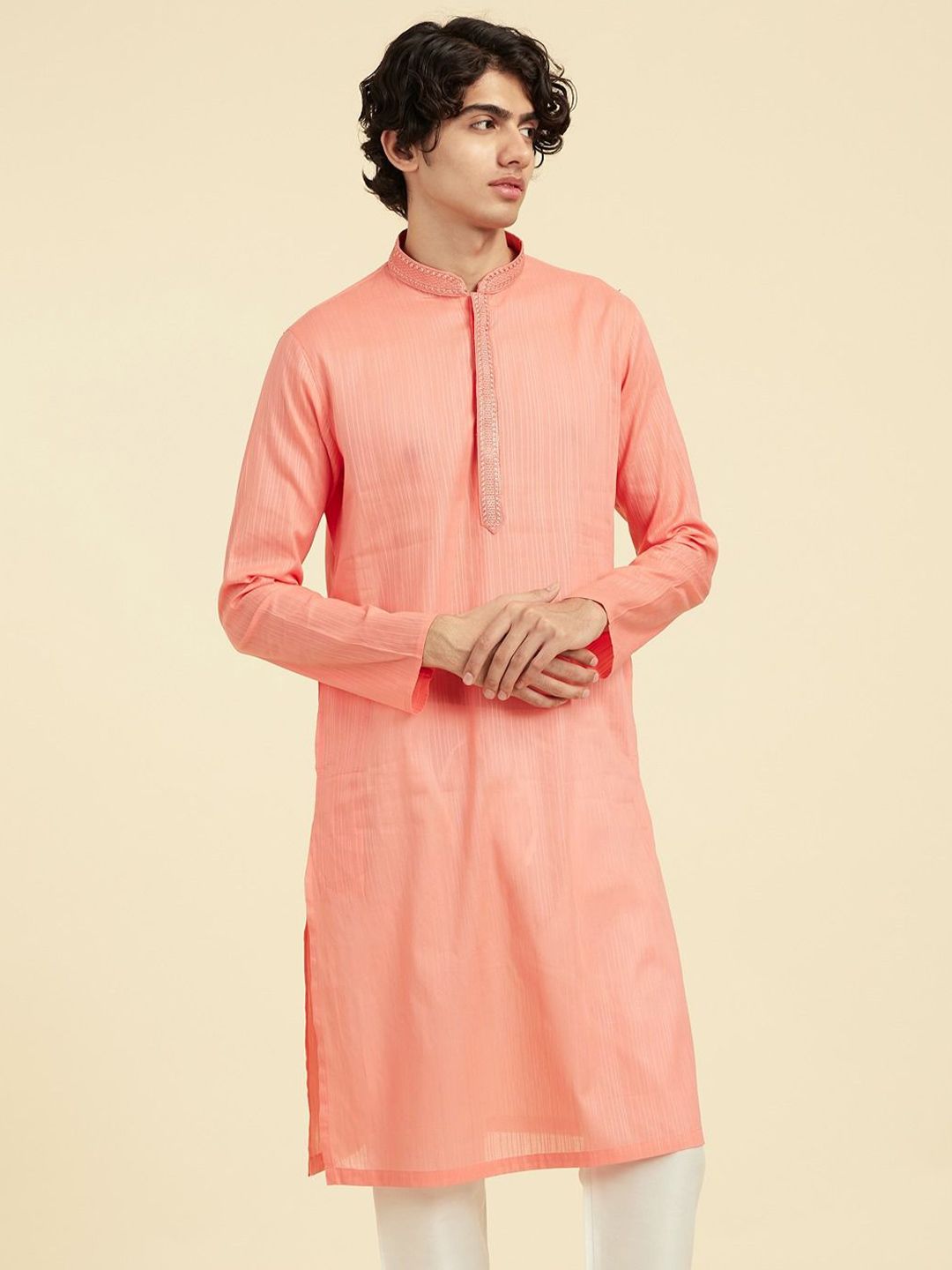 Diwas by Manyavar Men Striped Mandarin Collar Cotton Kurta