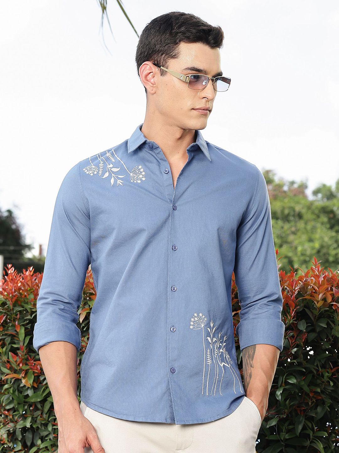 Thomas Scott Men's Cotton Floral Embroidered Casual Shirt