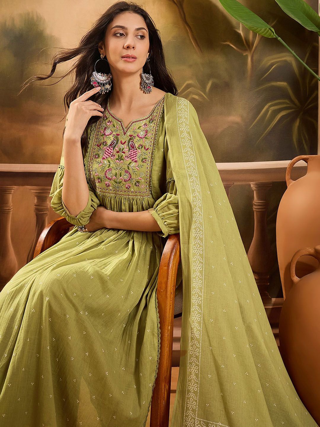 Sangria Sangria Women Ethnic Motifs Embroidered Cotton Kurta with Trousers & Dupatta