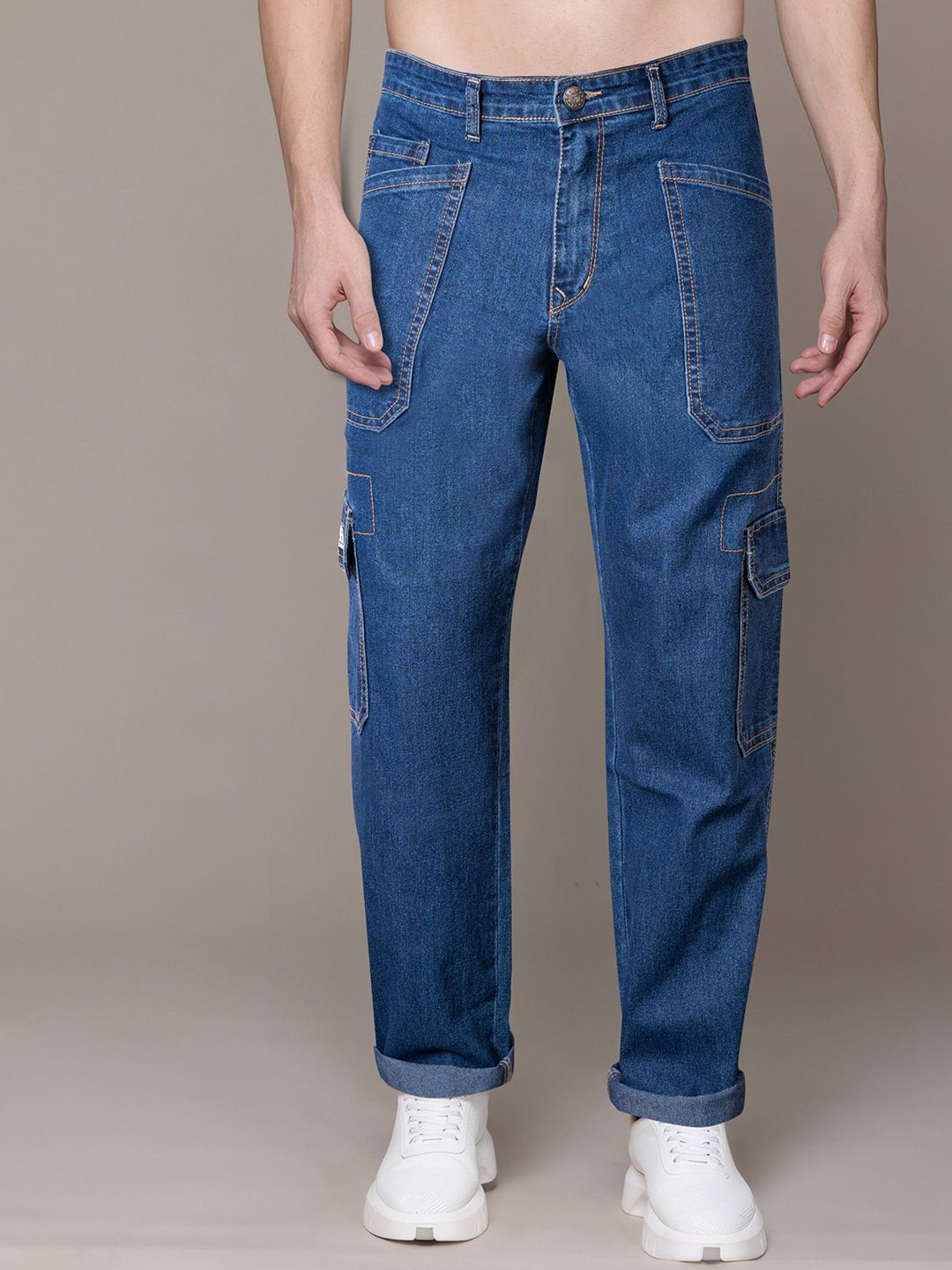 RIG BONE Men Loose Relaxed Fit Mid-Rise Light Fade Cargo Styles Stretchable Jeans