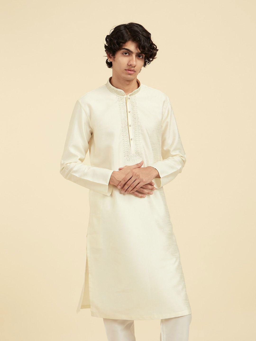 Diwas by Manyavar Men Solid Embroidered Long Sleeves Regular Straight Knee Length Kurta