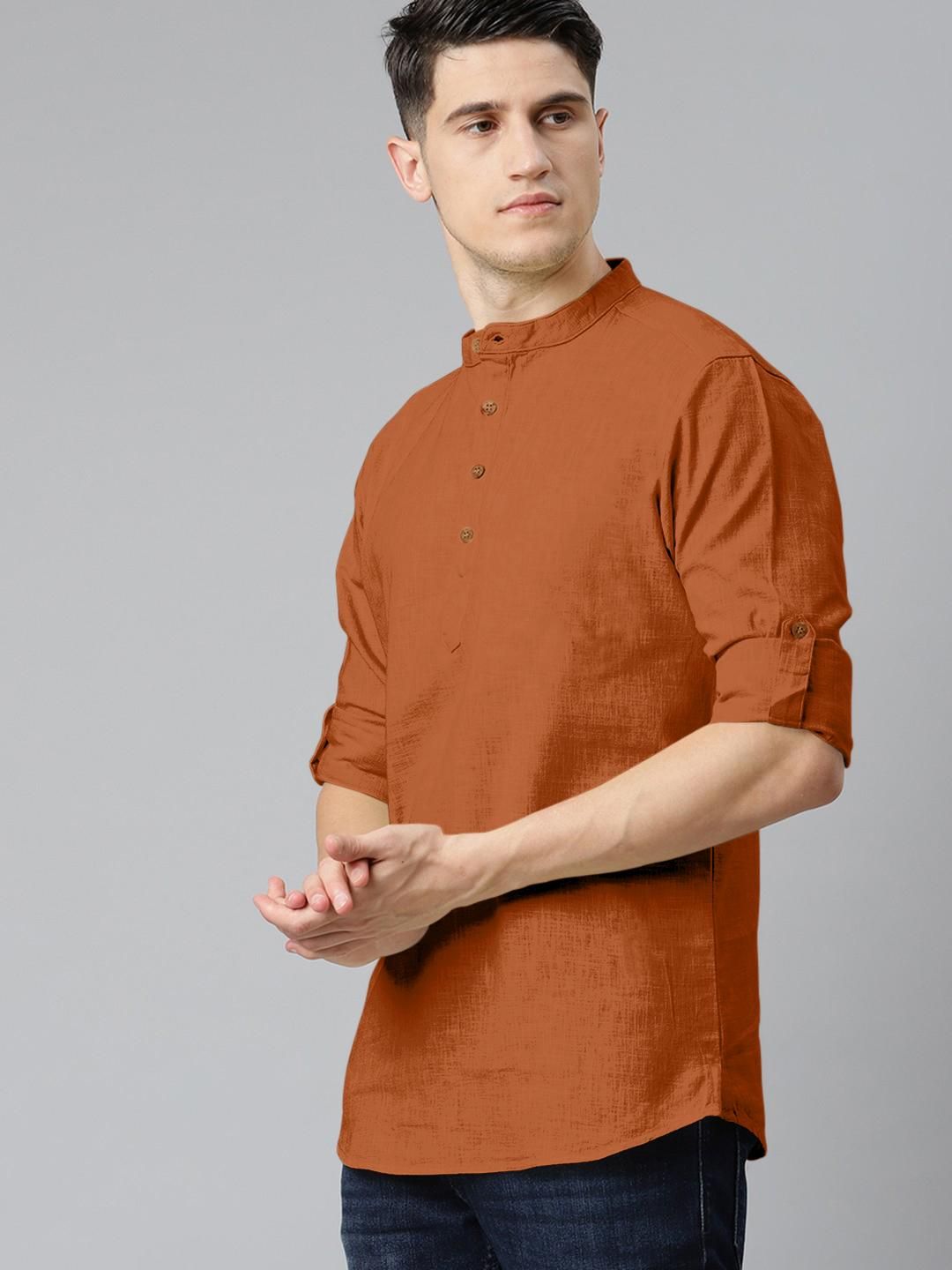 Fifth U Men Solid Brown Cotton Blend Straight Kurta