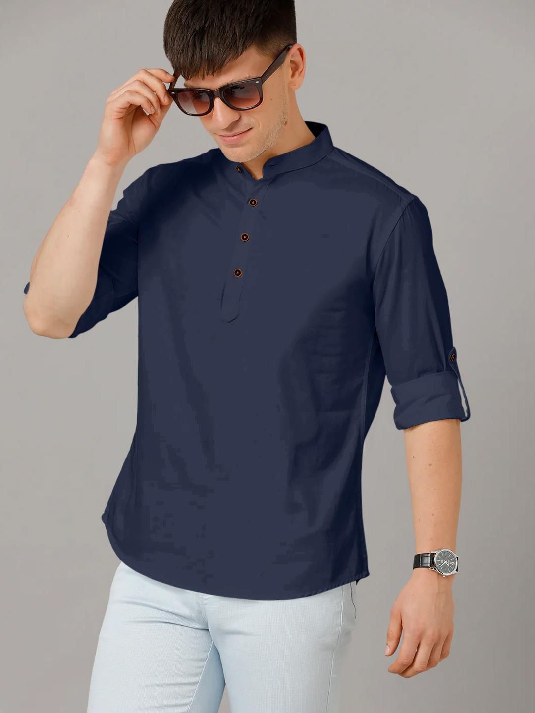 Fifth U Men Solid Navy Blue Straight Cotton Blended Mandarin Collar Kurta