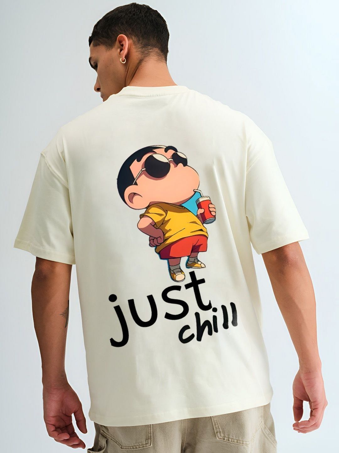 BDSQUARE Just Chill Shin Chan Printed Round Neck Pure Cotton Oversized T-shirt