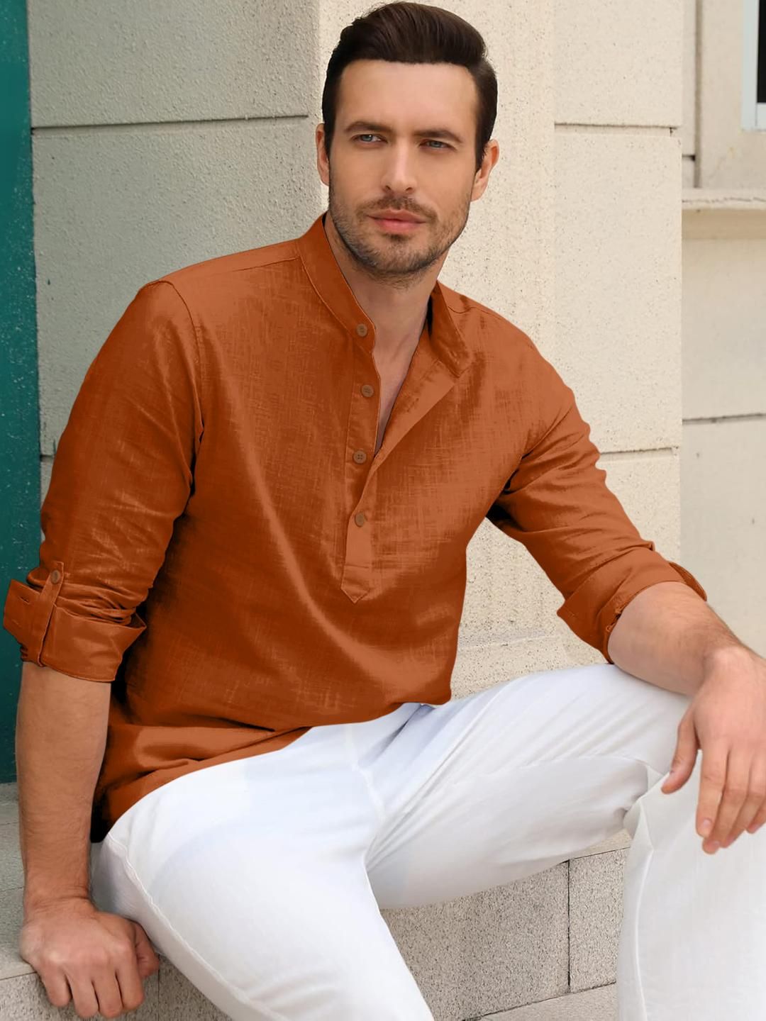 Fifth U Men Solid Brown Straight Cotton Blended Mandarin Collar Kurta