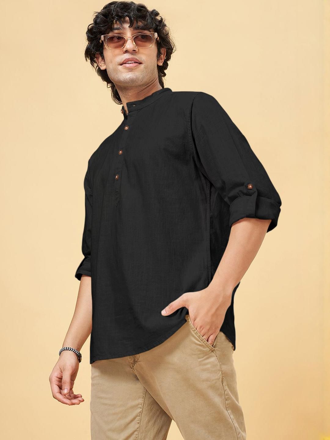 Fifth U Men Solid Black Cotton Blend Kurta