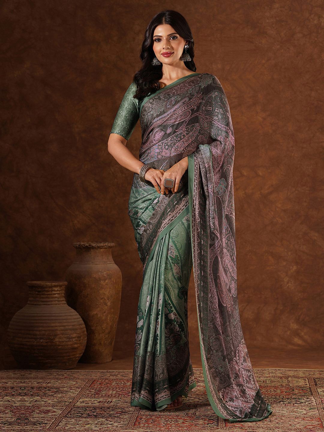 Mitera Ethnic Motifs Printed Satin Saree