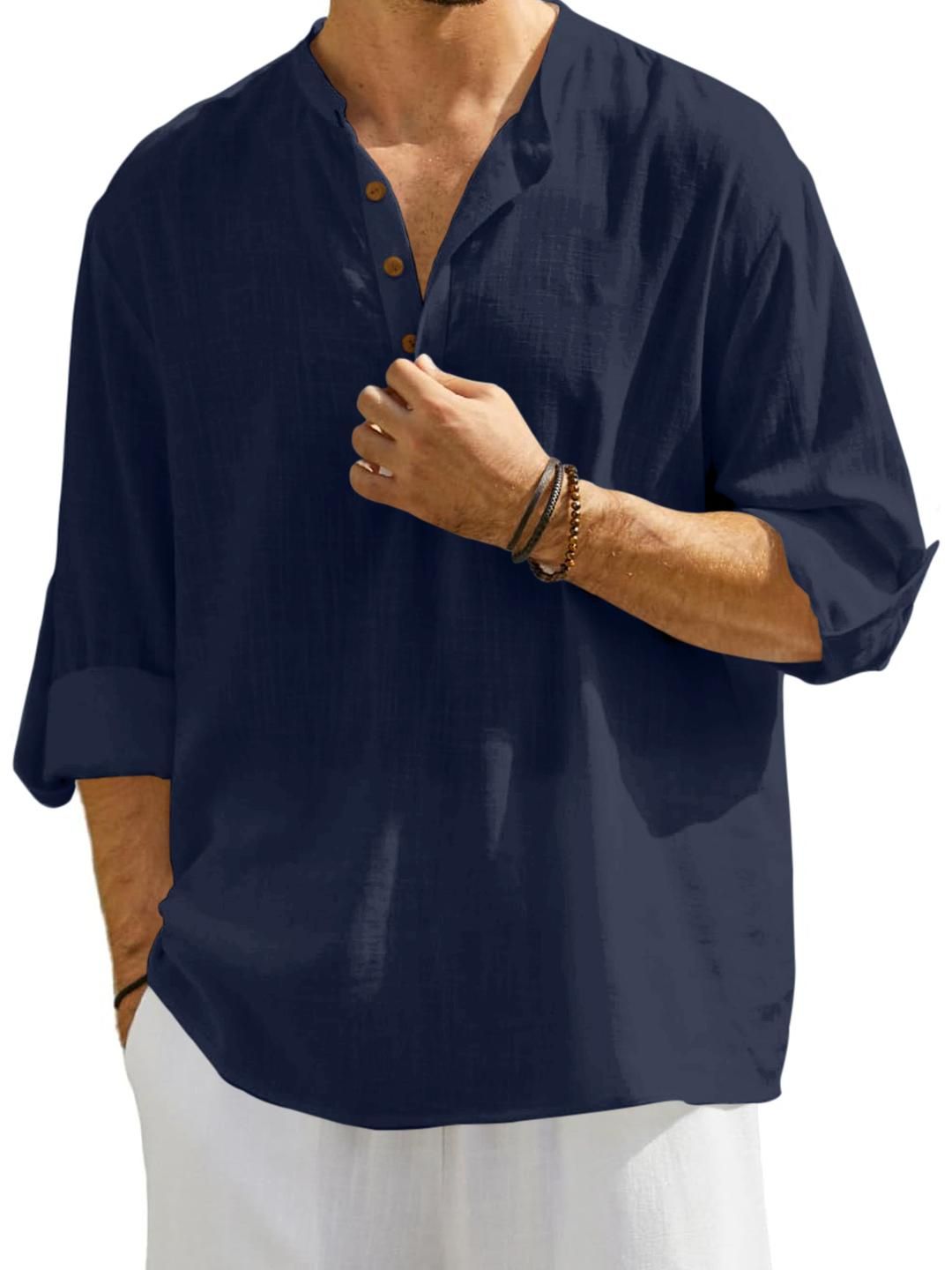 Fifth U Fifth U Men Navy Blue Solid Cotton Blend Mandarin Collar Straight Kurta